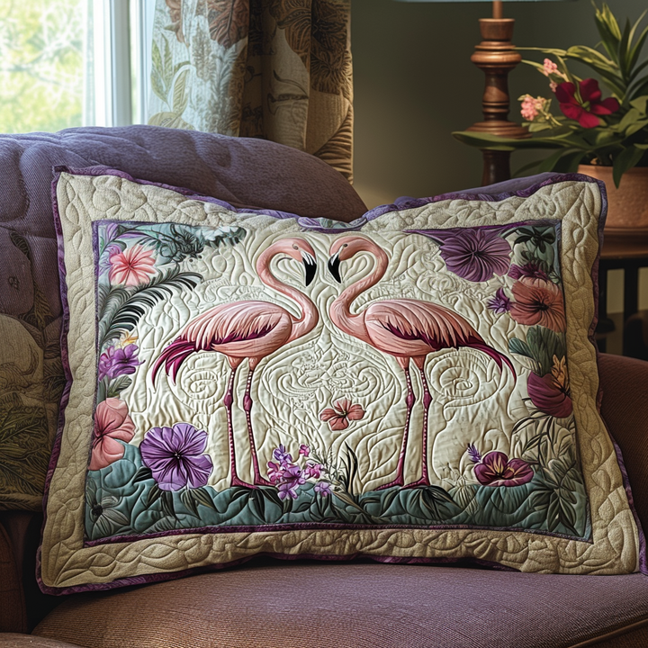 Quilted cushion cover with a pair of flamingos NCU0DV6343