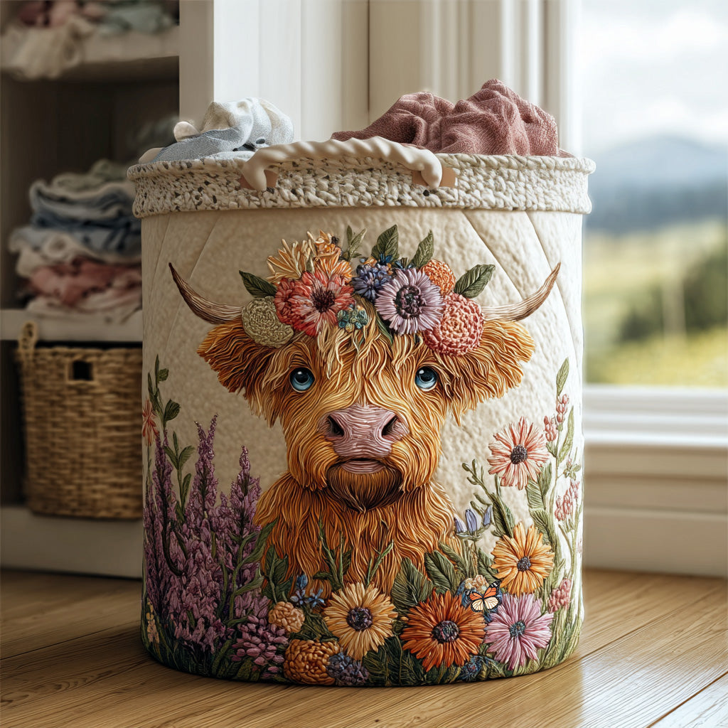 Padded laundry basket with Highland cow and flowers by Louise London