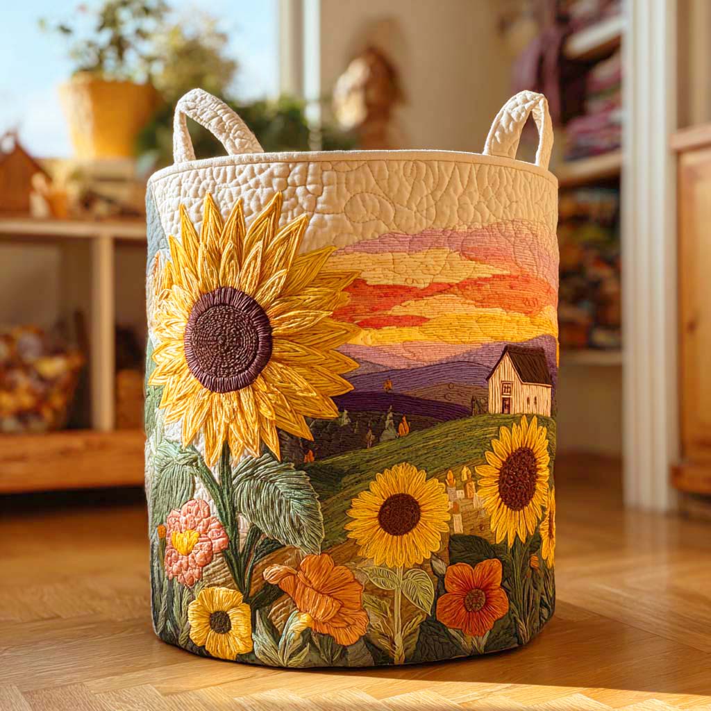 Quilted laundry basket with sunflower