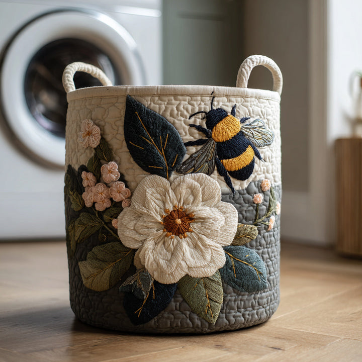 Quilted laundry basket with bees and flowers by Louise London