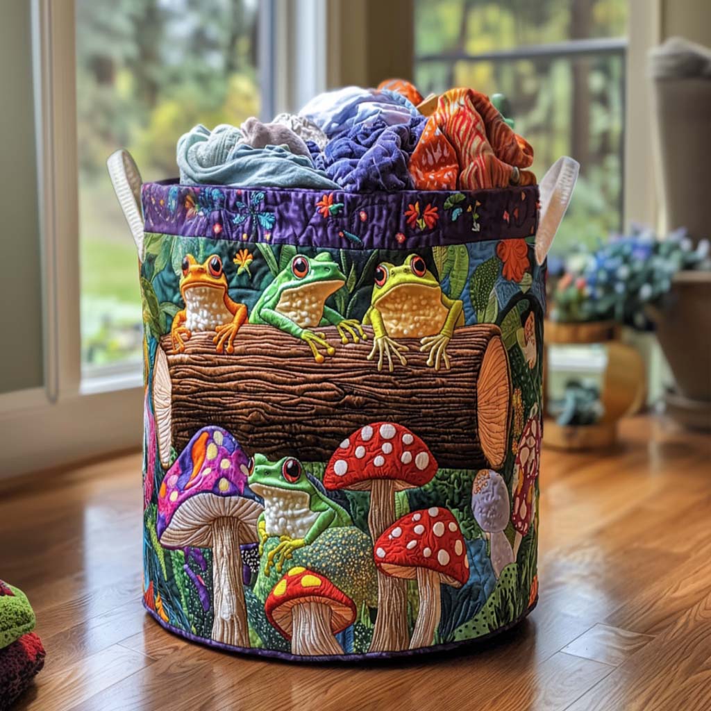 Quilted laundry basket with cheerful frogs by Louise London