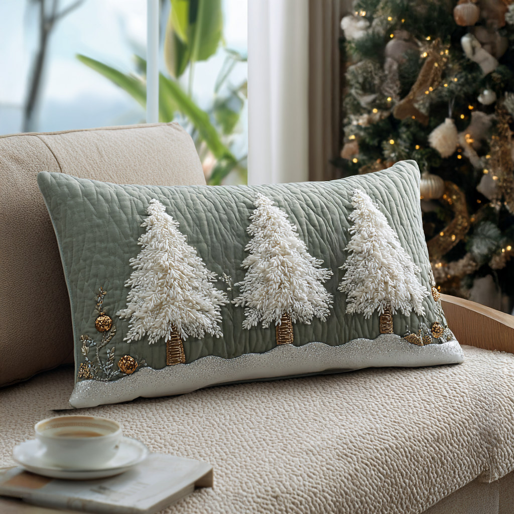 Quilted pillow cover with snow-covered pines by Louise London