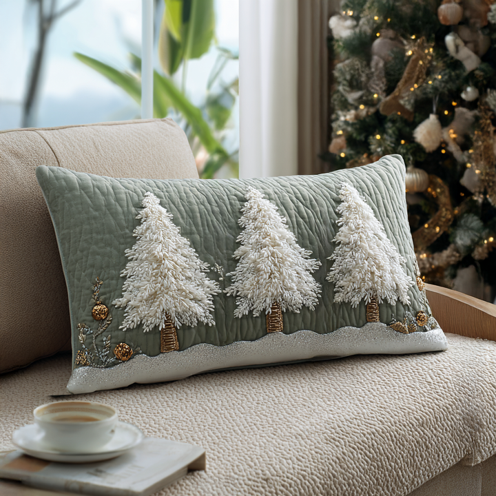 Quilted pillow cover with snow-covered pines by Louise London