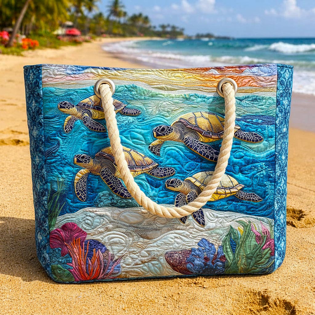 Quilted Beach Tote with Marine Turtle Design