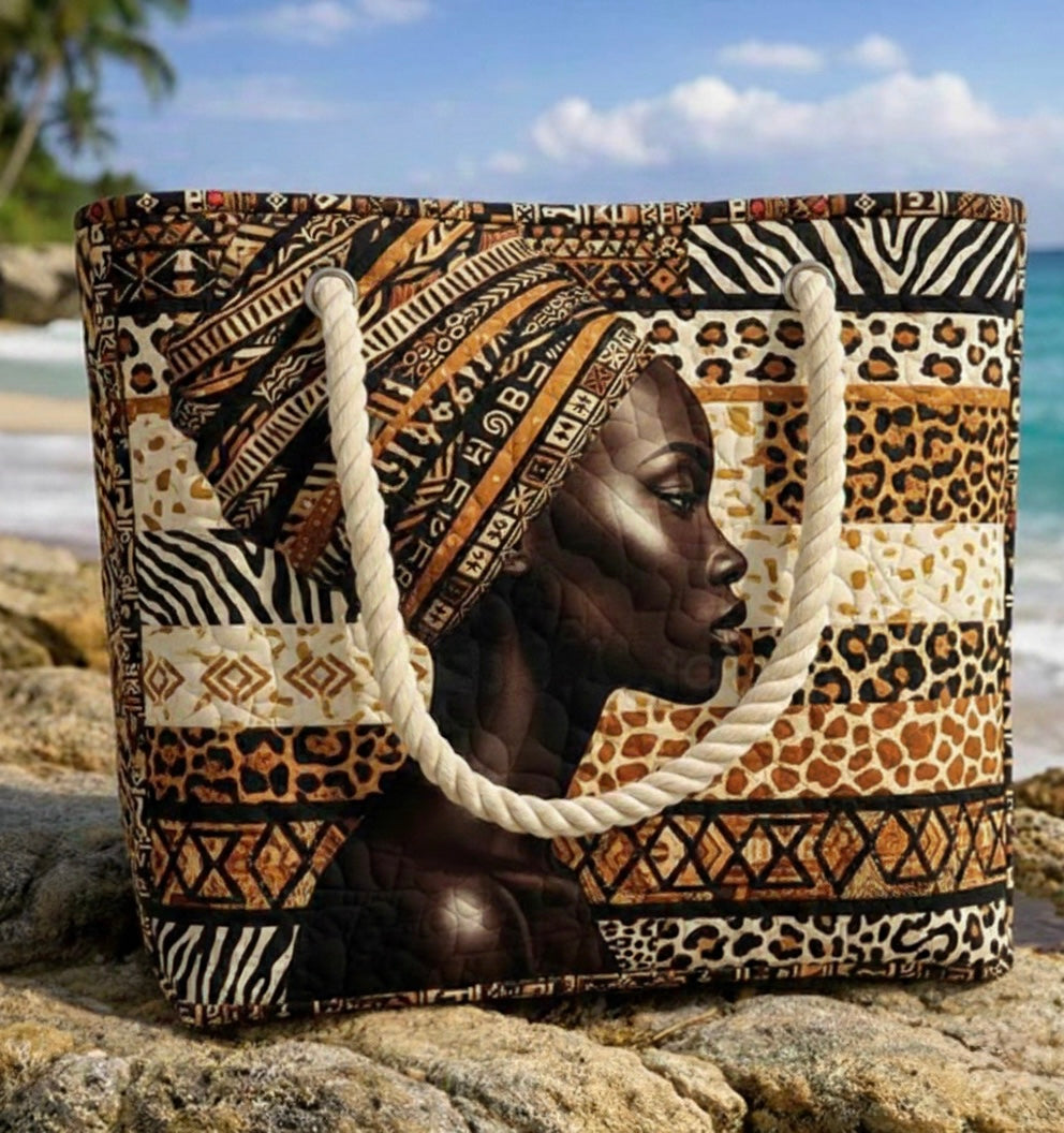 Quilted Beach Tote with African Queen Artwork