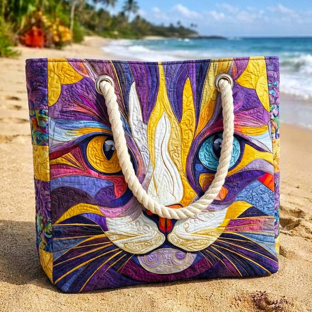 Playful Cat Quilted Beach Bag – Large Summer Tote