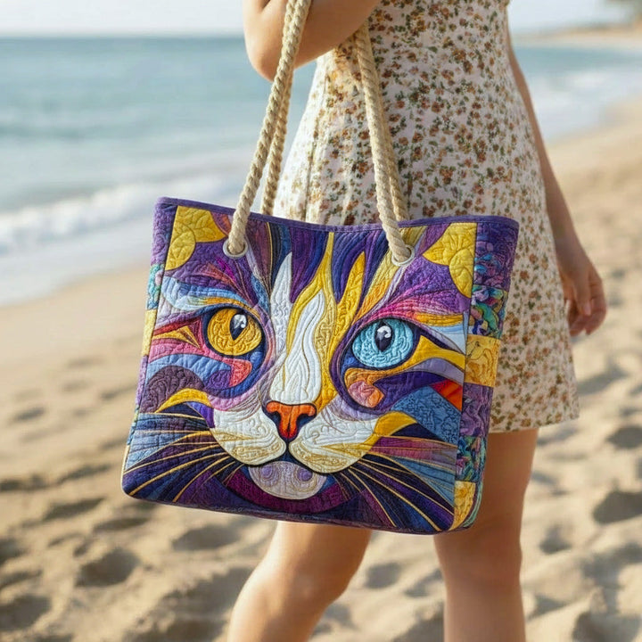 Playful Cat Quilted Beach Bag – Large Summer Tote