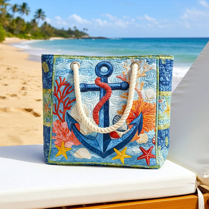 Quilted Beach Tote with Nautical Anchor Design