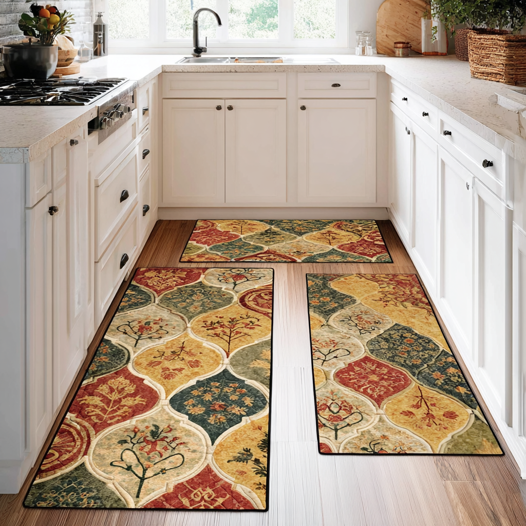 Non-slip kitchen rug with delicate flowers by Louise London