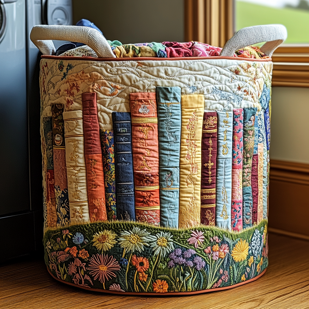 Quilted laundry basket with books and flowers by Louise London