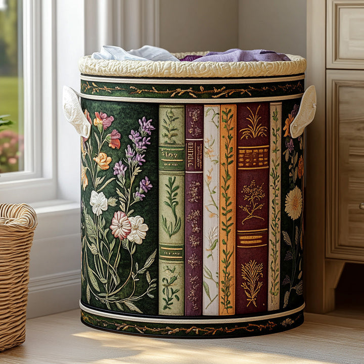 Quilted laundry basket with books and flowering garden by Louise London