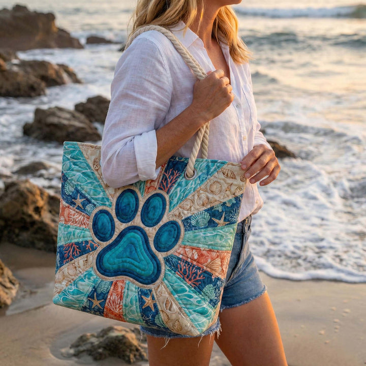 Colourful Paw Prints Quilted Beach Bag – Large Summer Tote