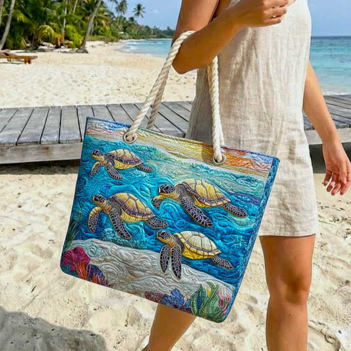 Quilted Beach Tote with Marine Turtle Design