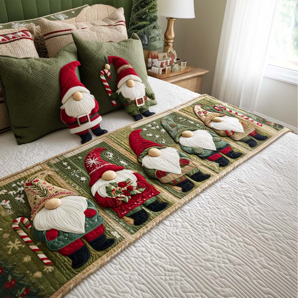 Gnome Gathering quilted bed runner by Louise London