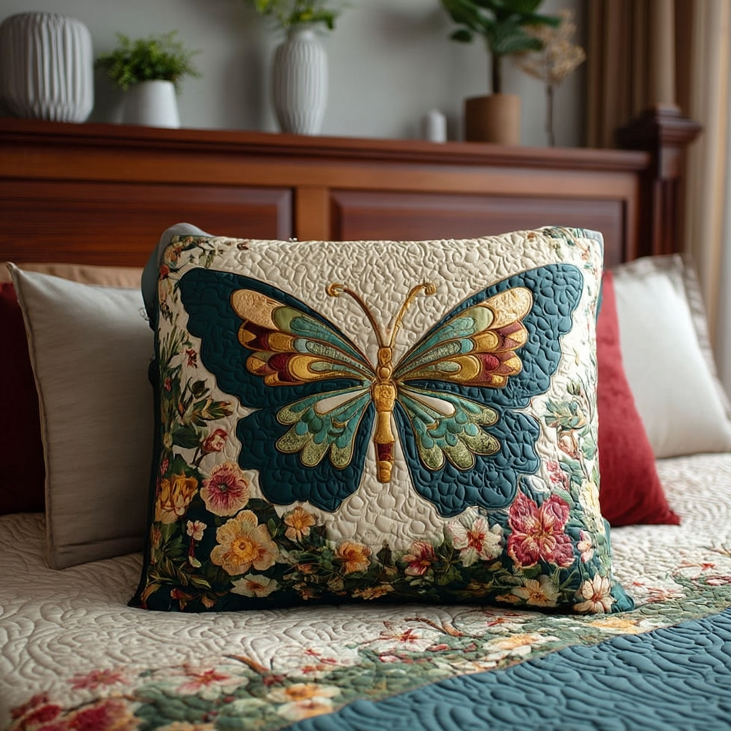 Quilted Pillow Cover with Golden Garden by Louise London
