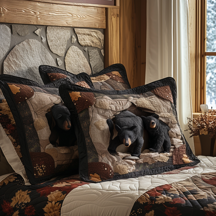 Quilted cushion cover with black bear among golden pines by Louise London