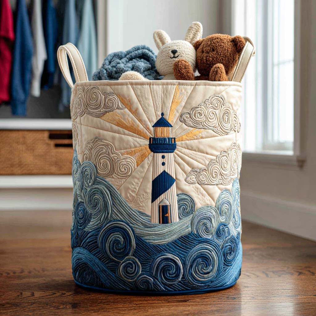 Quilted laundry basket with lighthouse by the sea NCU0QN010