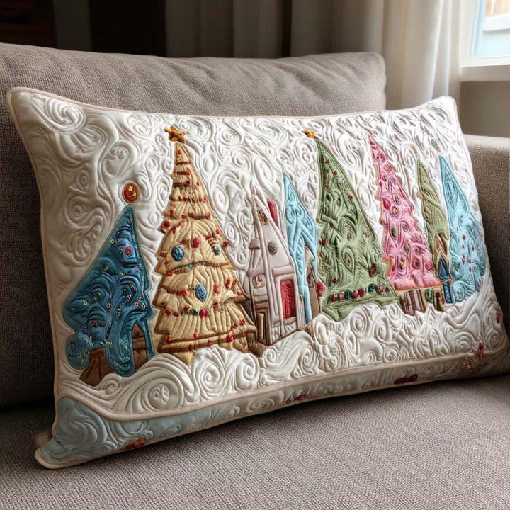 Quilted cushion cover with tree and golden garland by Louise London