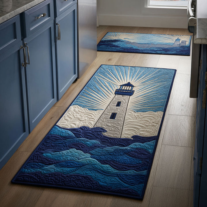 Non-slip kitchen rug with golden lighthouse by the sea by Louise London