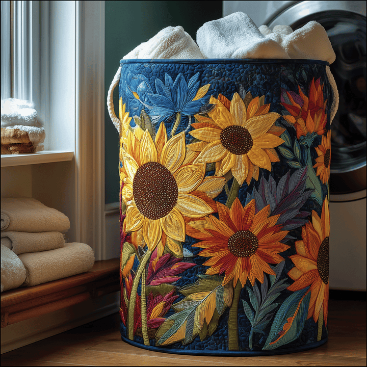 Quilted laundry basket with golden petals by Louise London