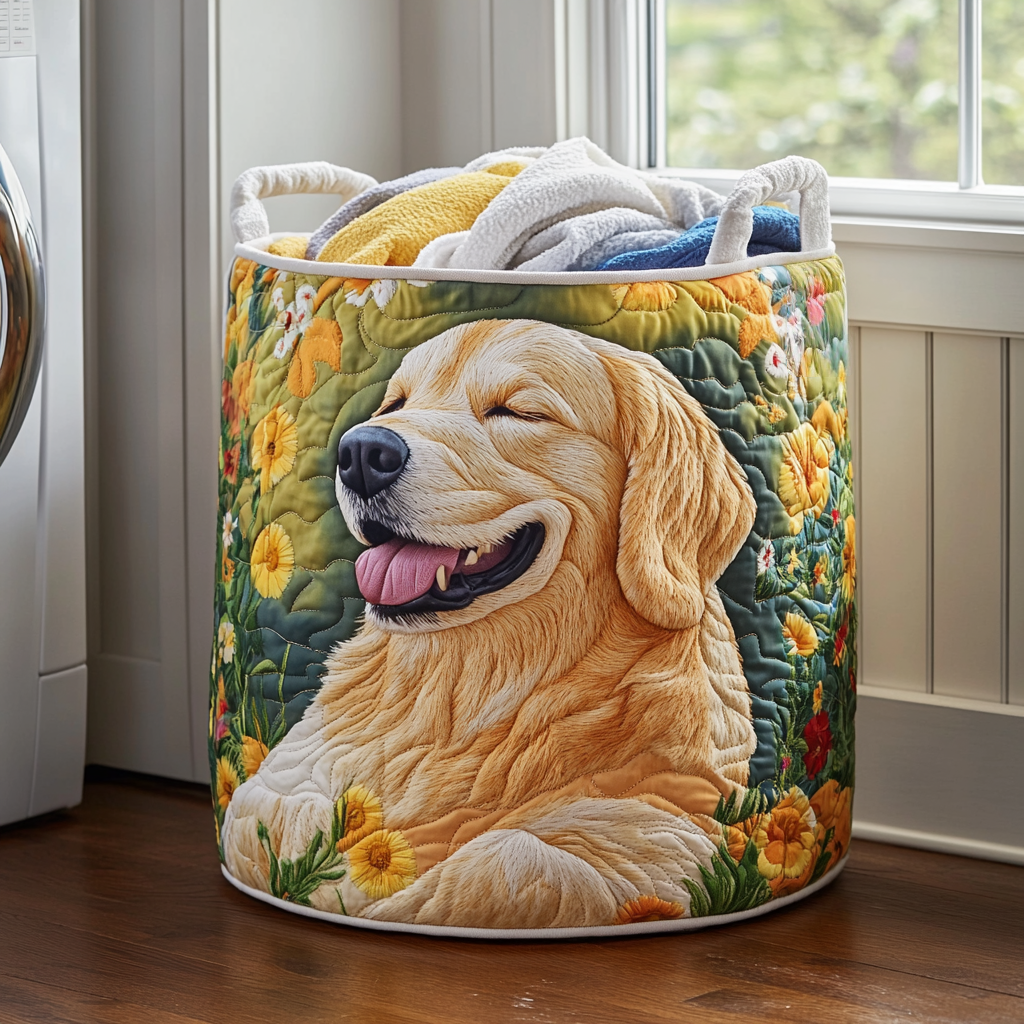 Quilted laundry basket with dog pattern