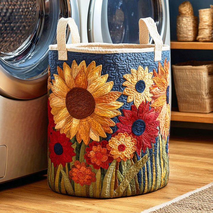 Quilted laundry basket with sunflower