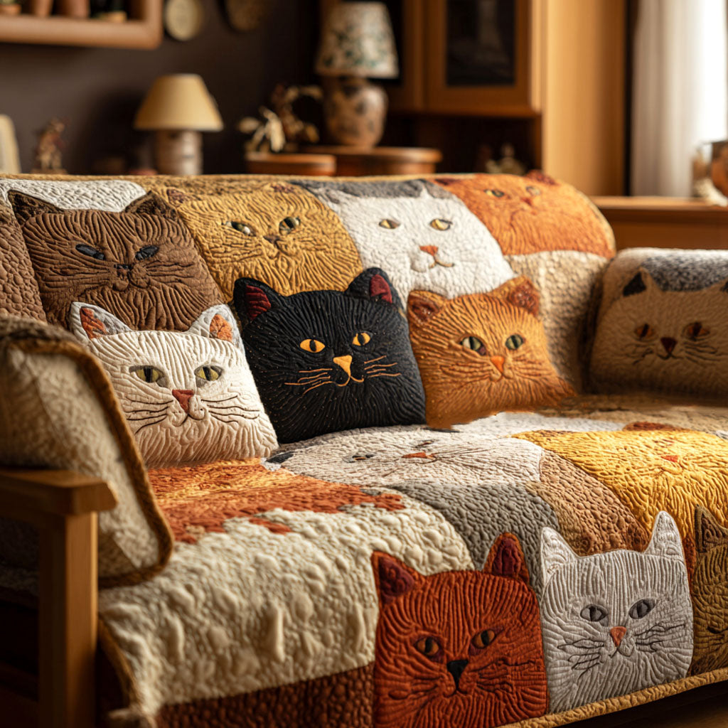 Quilted sofa cover with golden cat – Louise London