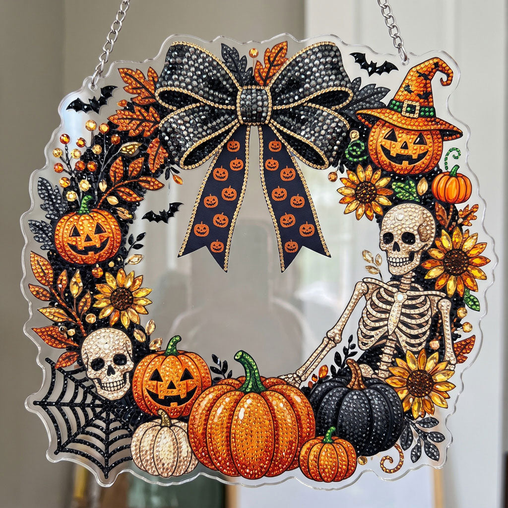🔥HOT SALE 70% OFF - 🎃✨ Halloween Diamond Art Ornament Kit – Sparkling DIY Window Hanging Decor – 🎀🎃 Halloween Pumpkin Wreath