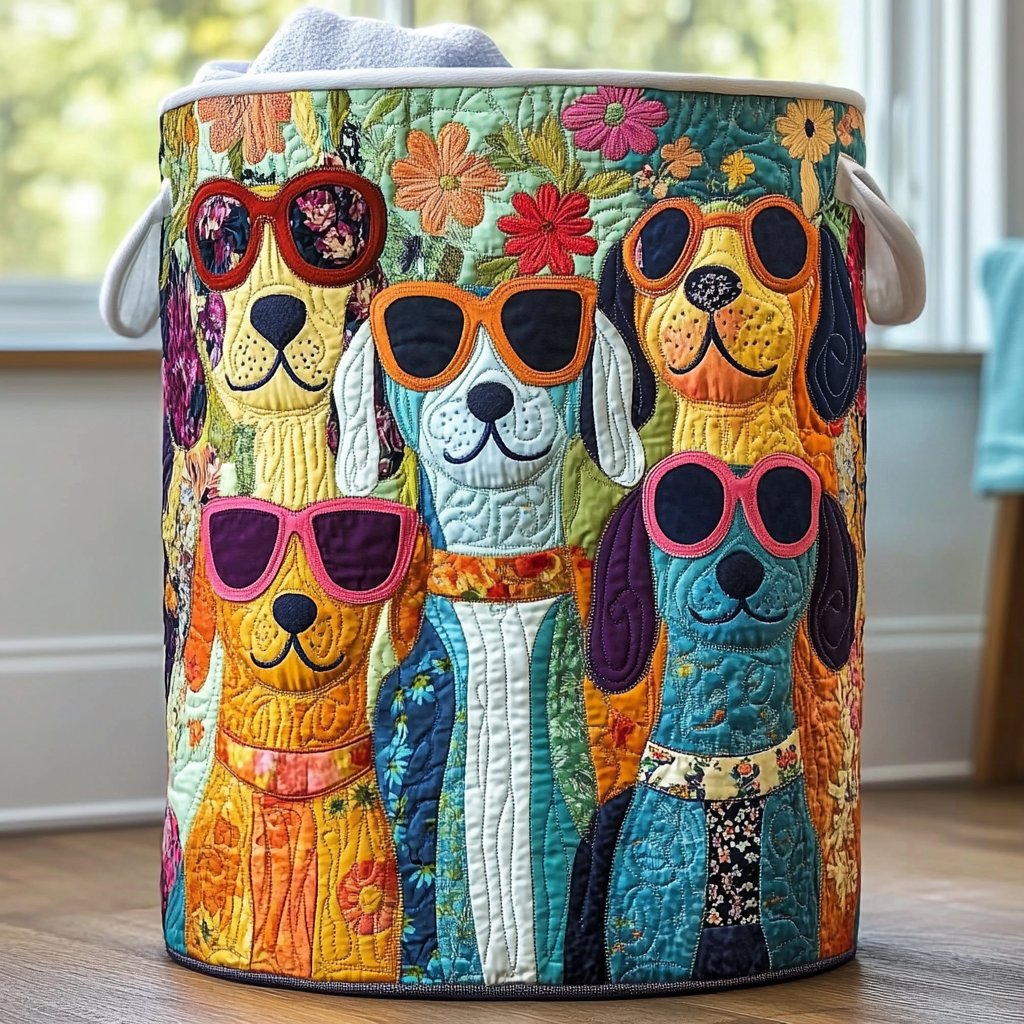 Quilted laundry basket with cheerful puppies by Louise London