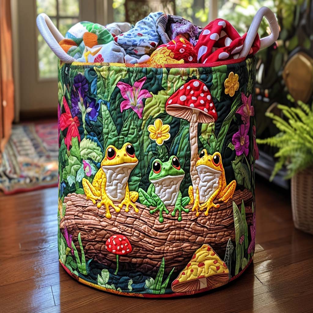 Quilted laundry basket with cheerful frogs by Louise London