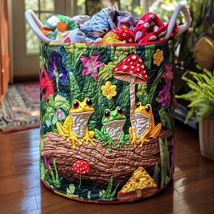 Quilted laundry basket with cheerful frogs by Louise London