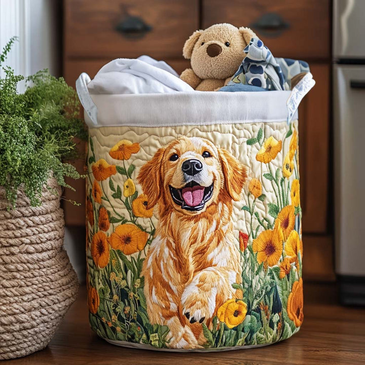 Quilted laundry basket with cheerful puppies by Louise London