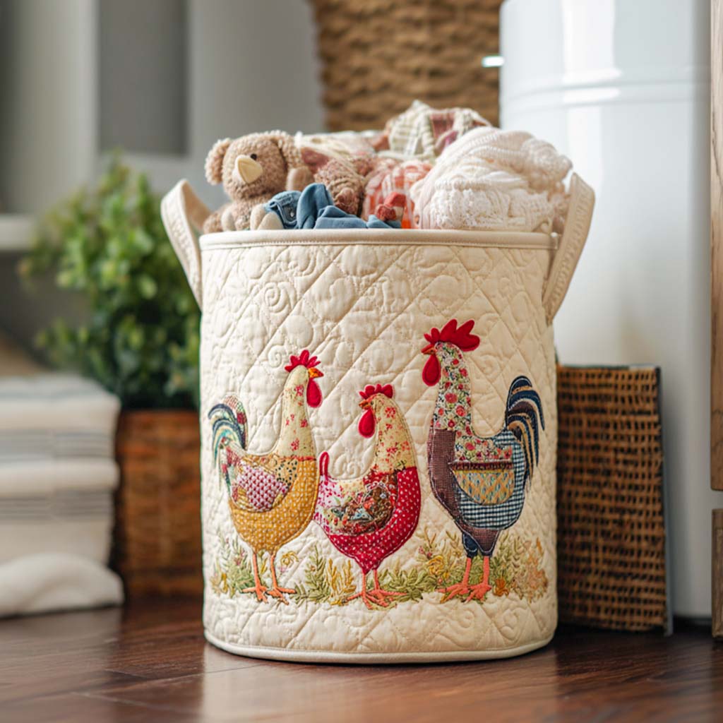 Quilted laundry basket with country chickens by Louise London