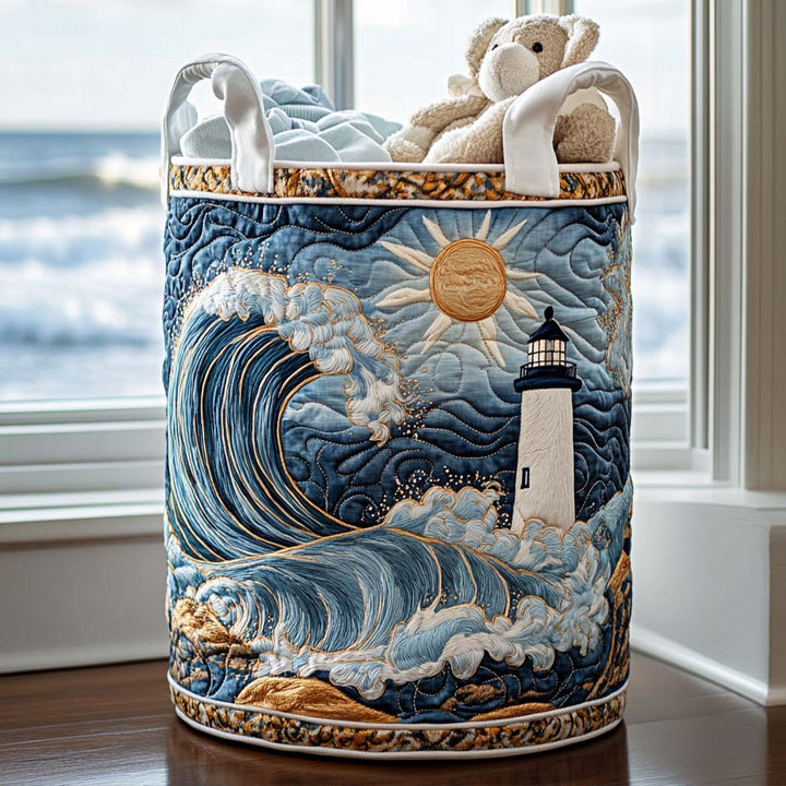 Quilted laundry basket with lighthouse on the sea by Louise London