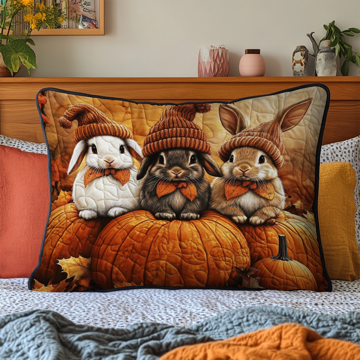 Quilted pillow cover with bunny and autumn harvest by Louise London