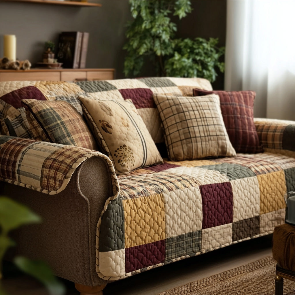 Quilted sofa cover in autumn check – Louise London
