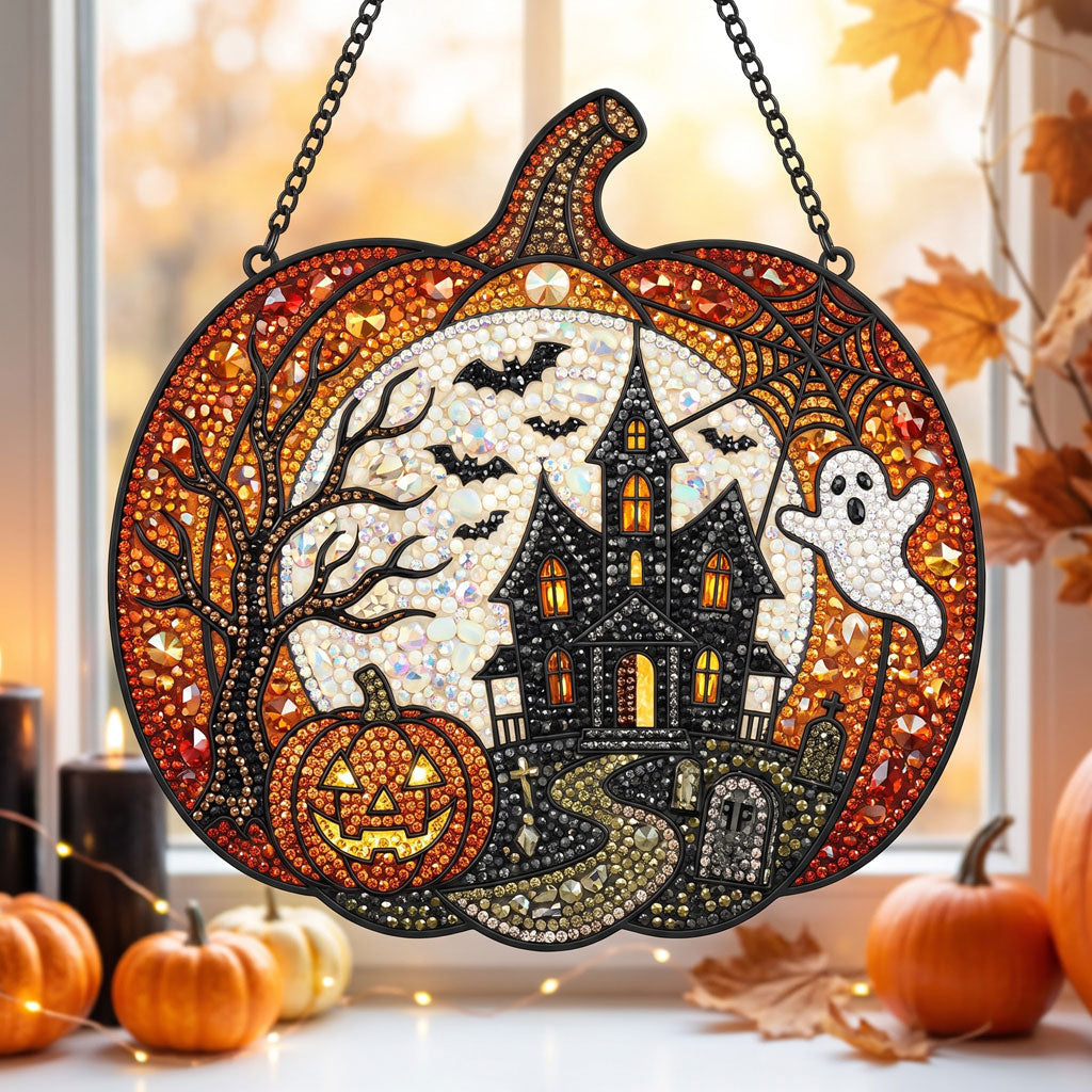 🔥HOT SALE 70% OFF - 🎃✨ Halloween Diamond Art Ornament Kit – Sparkling DIY Window Hanging Decor – 🏚️🎃 Haunted Pumpkin House