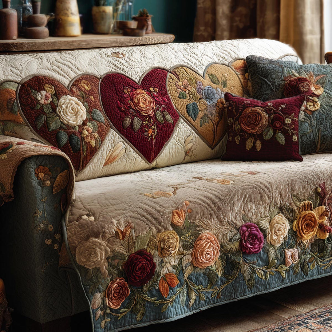 Quilted sofa cover with garden and heart – Louise London