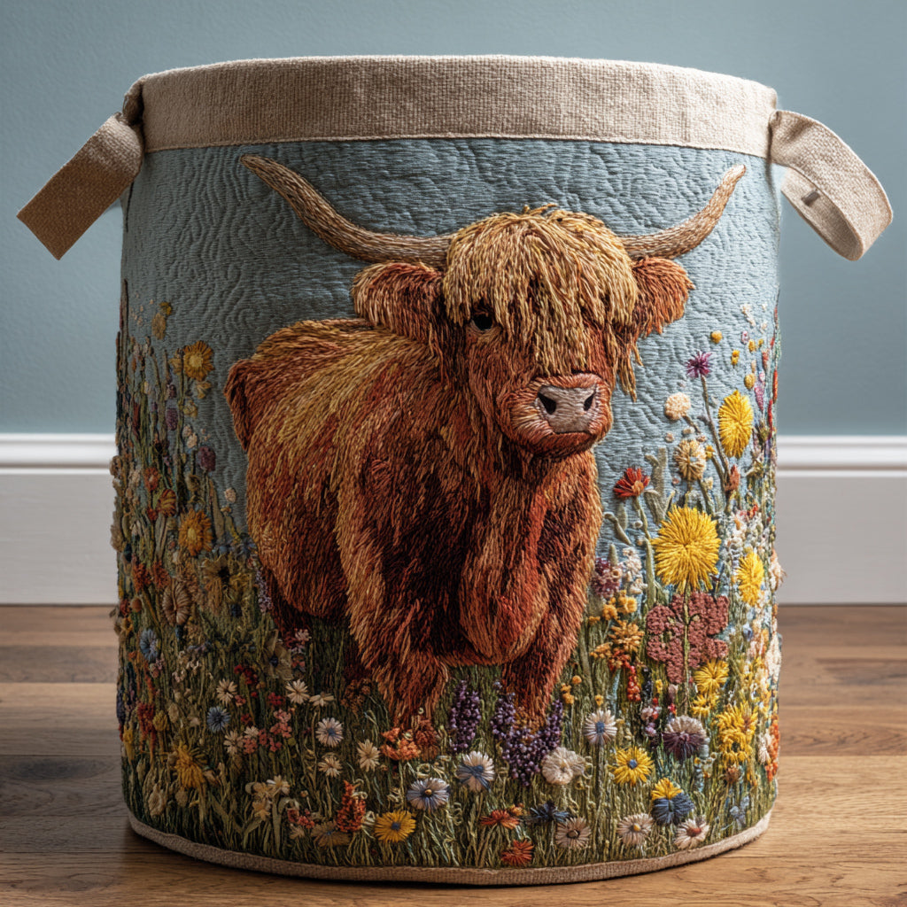 Quilted laundry basket with Highland cow and flowers NCU0HNH495