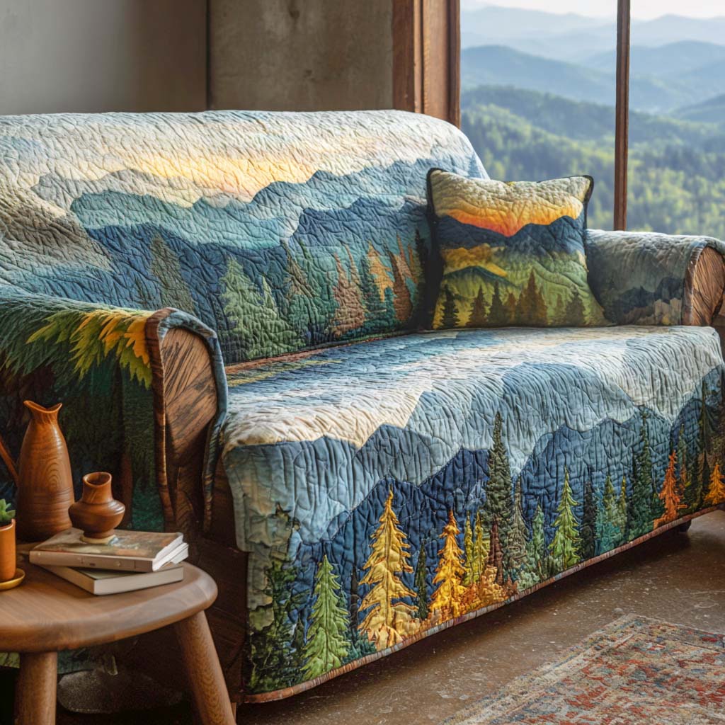 Quilted sofa cover with mountain landscape – Louise London