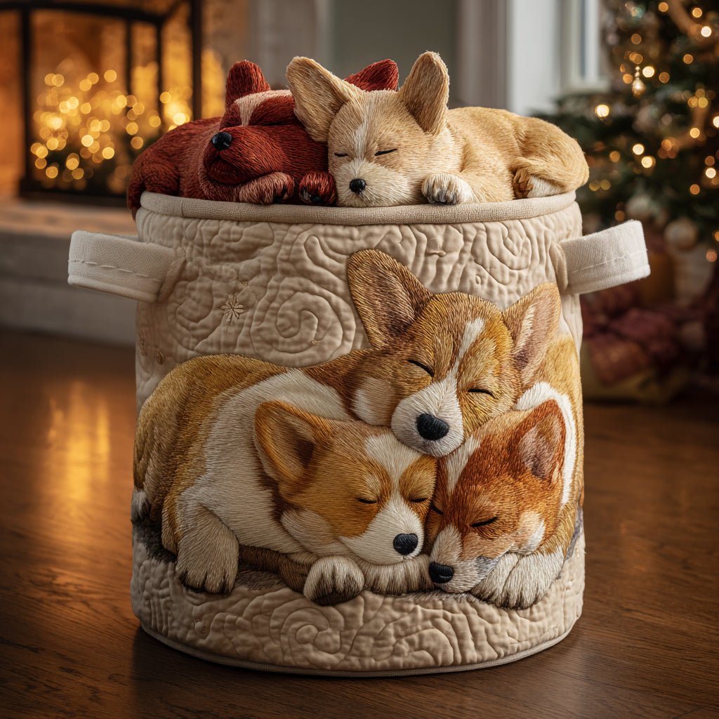 Quilted laundry basket with Christmas Corgi by Louise London