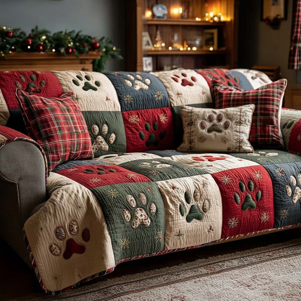 Quilted Sofa Cover with Paw Prints