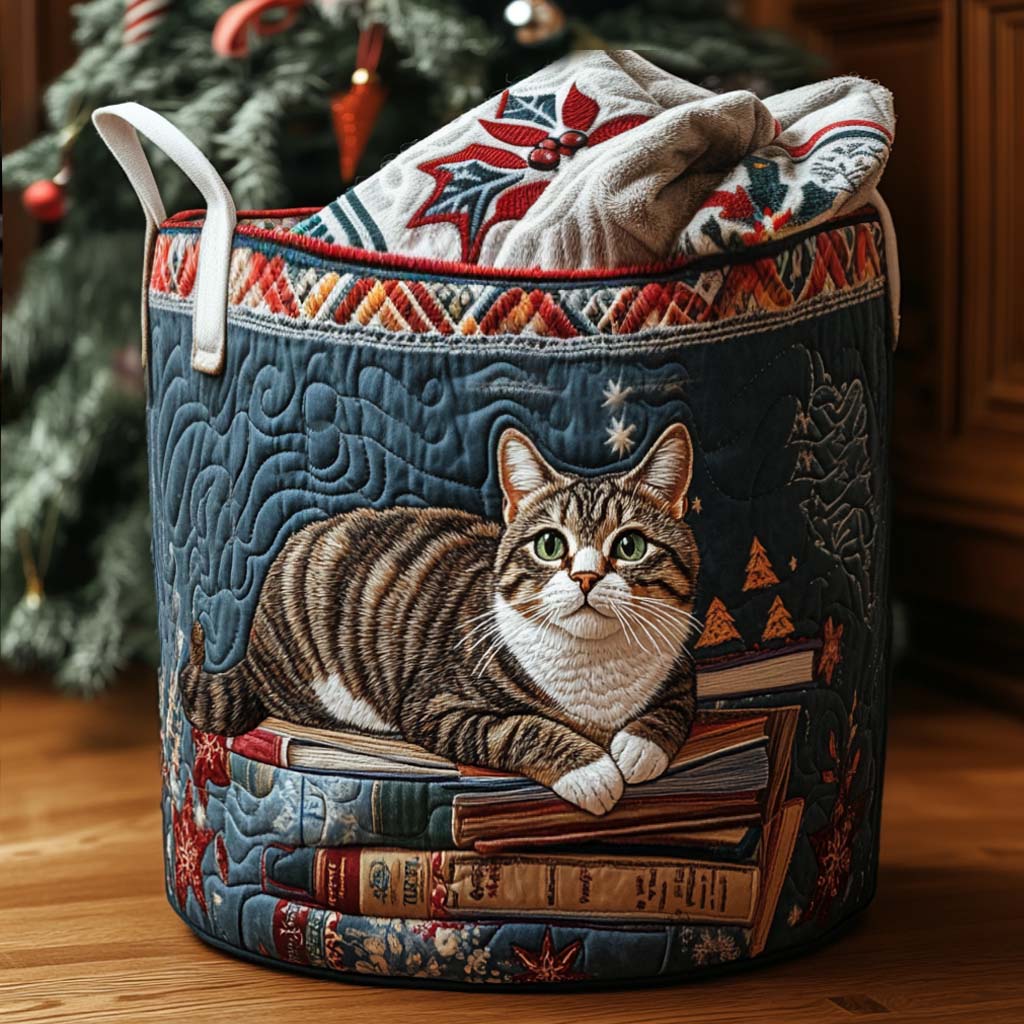 Quilted laundry basket with cat and festive details by Louise London