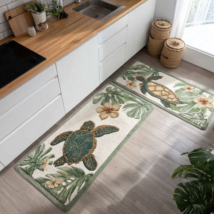 Non-slip kitchen rug with delicate shells by Louise London