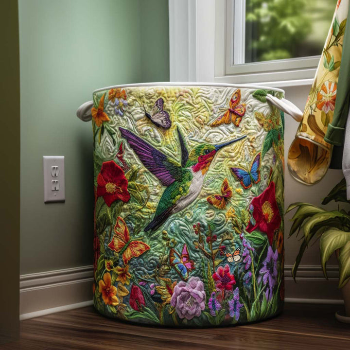 Quilted laundry basket with hummingbirds by Louise London