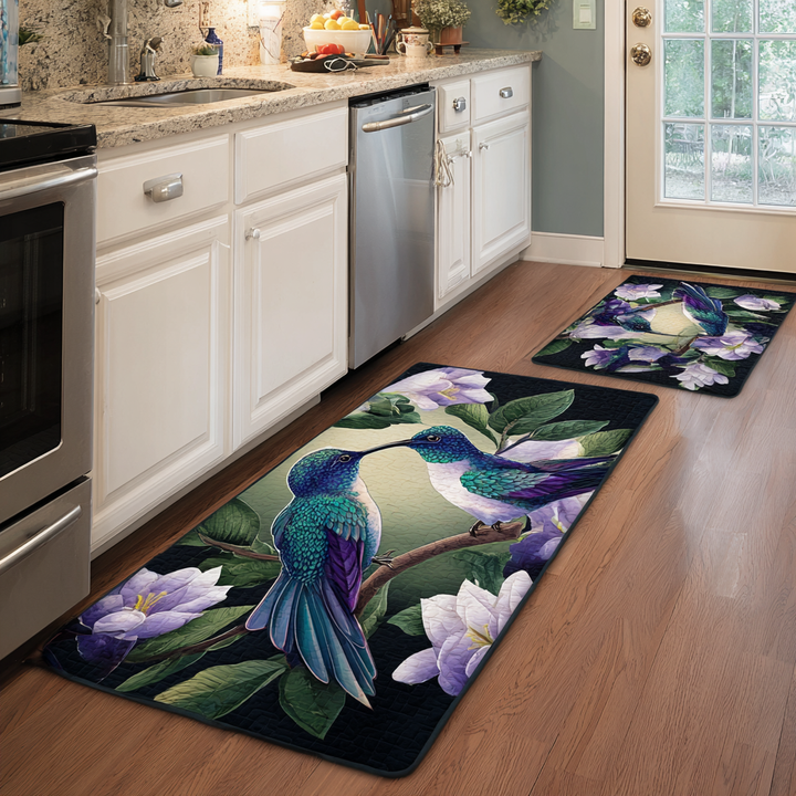 Non-slip kitchen rug with hummingbirds and flowers by Louise London