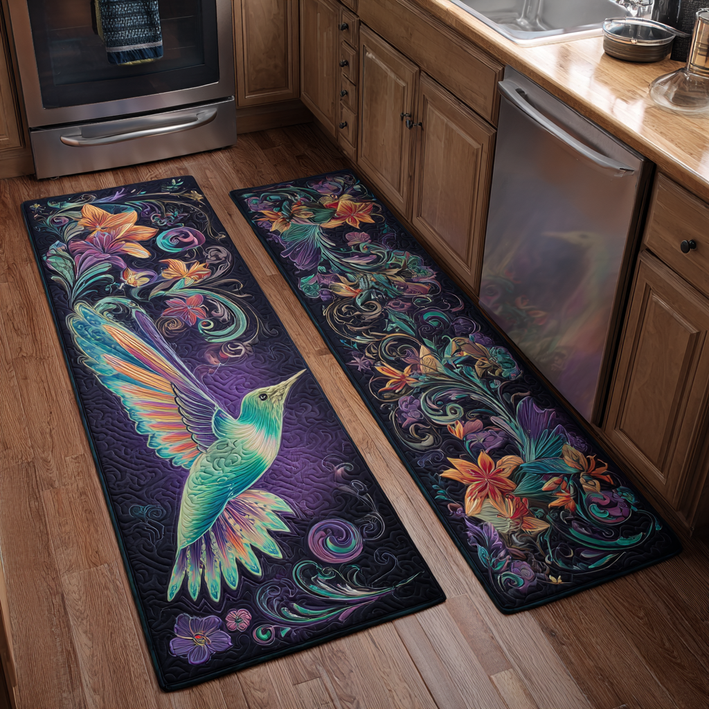 Non-slip kitchen rug with hummingbirds and flowers by Louise London
