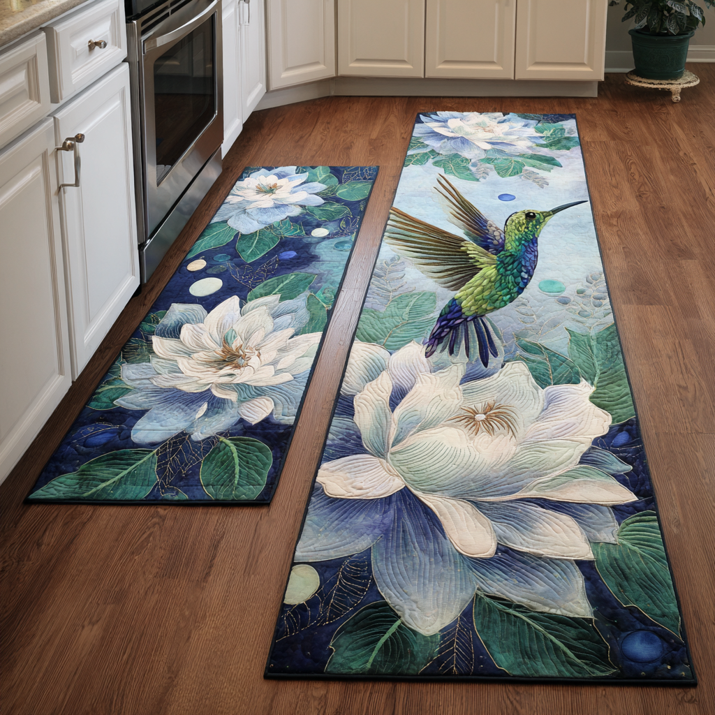 Non-slip kitchen rug with delicate hummingbird by Louise London