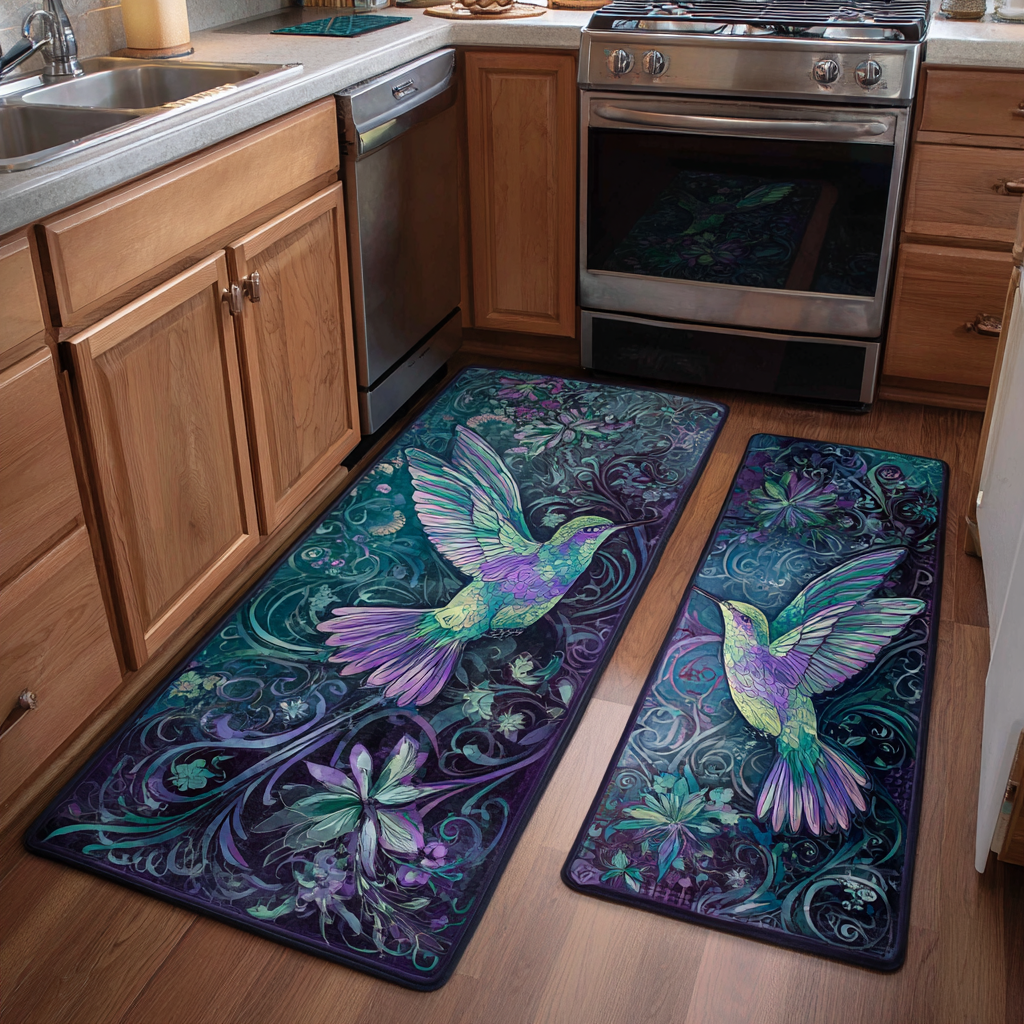 Non-slip kitchen rug with hummingbirds and garden flowers by Louise London