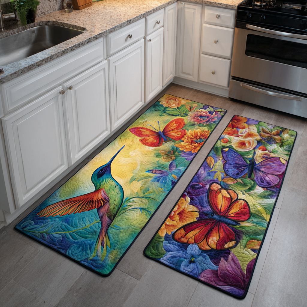 Non-slip kitchen rug with hummingbirds and garden flowers by Louise London